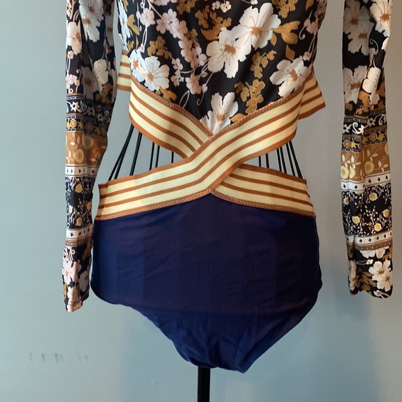 NWOT Black Blue Gold & White Floral One-Piece Bathing Suit - Picture 5 of 10